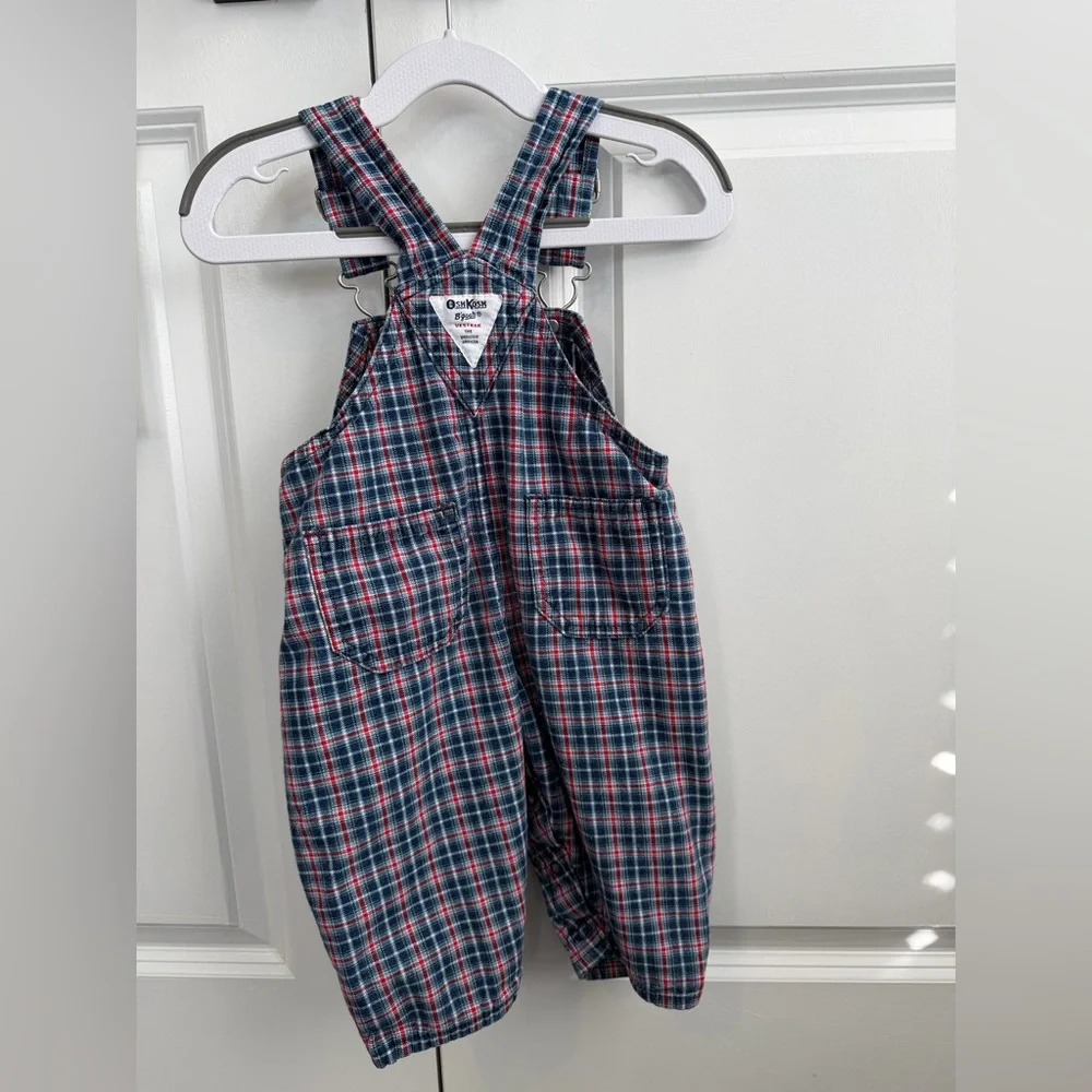 Vintage OshKosh BGosh Red White Blue Plaid Overalls Size 12 Months